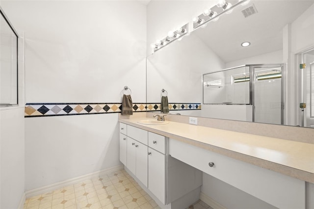 full bath featuring recessed lighting, visible vents, a shower stall, and vanity