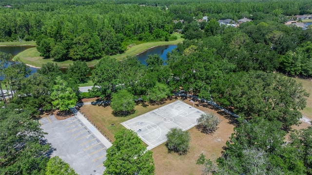 bird's eye view with a water view and a forest view