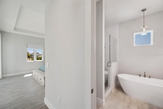 5917 Cat Claw Ln, Bradenton, FL 34210 - bathroom with a shower stall, baseboards, a freestanding tub, and wood finished floors