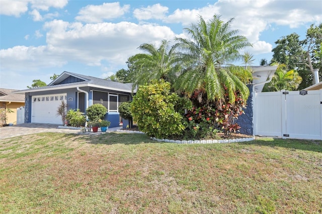 view of front of home with a garage, fence, a front lawn, and driveway