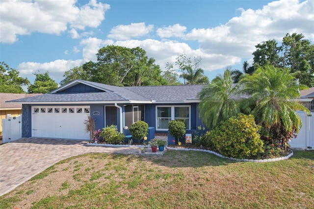 ranch-style house featuring driveway, a front yard, a shingled roof, and a garage
