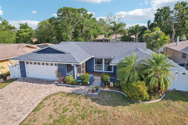 ranch-style home featuring a gate, roof with shingles, a front yard, an attached garage, and fence