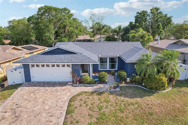 ranch-style house with fence, a garage, driveway, and roof with shingles