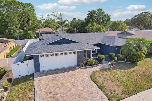 view of front of property featuring driveway, a gate, roof with shingles, an attached garage, and fence private yard