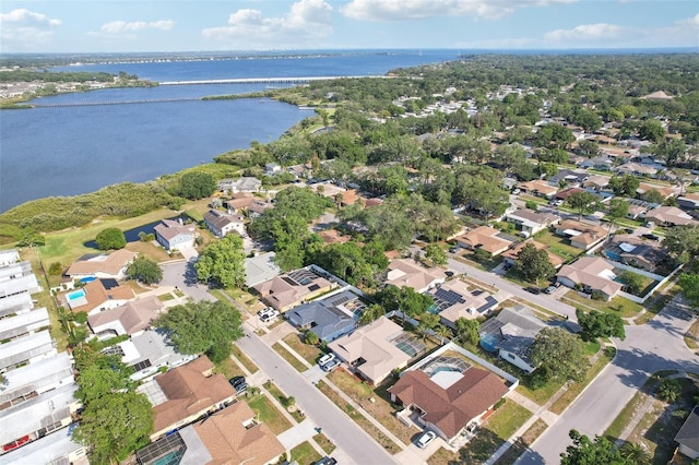 aerial view with a residential view and a water view