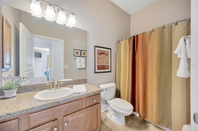 full bathroom featuring toilet, a shower with shower curtain, vanity, and wood finished floors