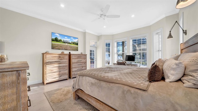 10101 Bryant Rd, Lithia, FL 33547 - bedroom with ornamental molding, recessed lighting, wood finished floors, and a ceiling fan