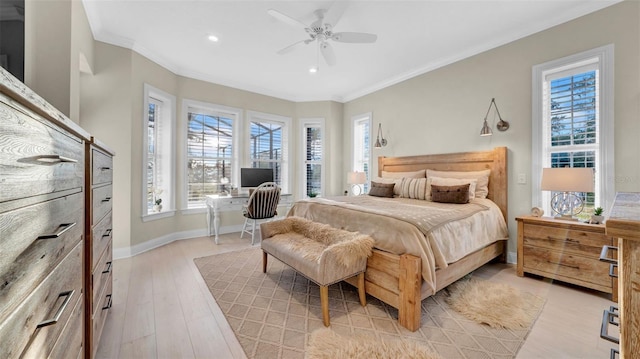 10101 Bryant Rd, Lithia, FL 33547 - bedroom featuring ornamental molding, recessed lighting, light wood-style floors, ceiling fan, and an office area