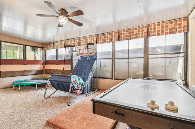 recreation room with ceiling fan and carpet