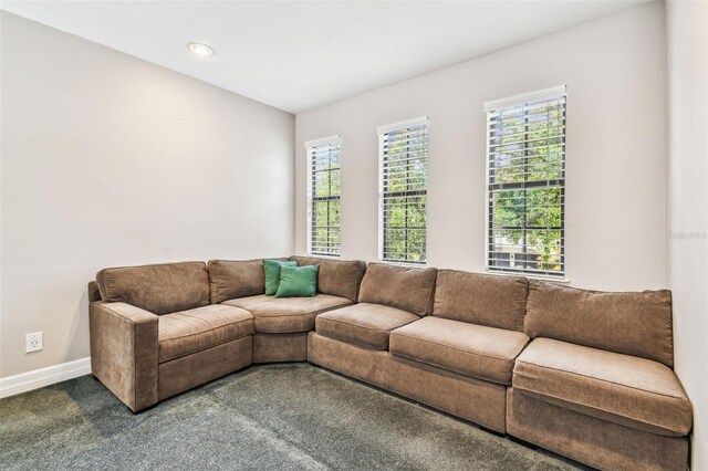 carpeted living area featuring recessed lighting and baseboards