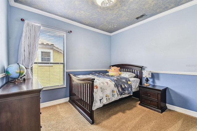 bedroom featuring ornamental molding, visible vents, carpet floors, and baseboards