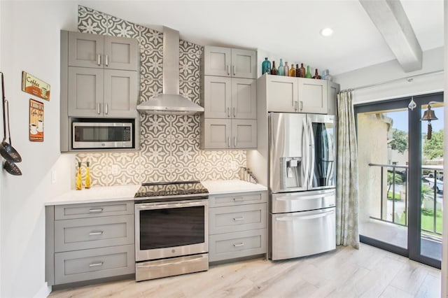7540 Sunshine Skyway Ln S Unit 217, Saint Petersburg, FL 33711 - kitchen featuring wall chimney range hood, appliances with stainless steel finishes, and gray cabinets