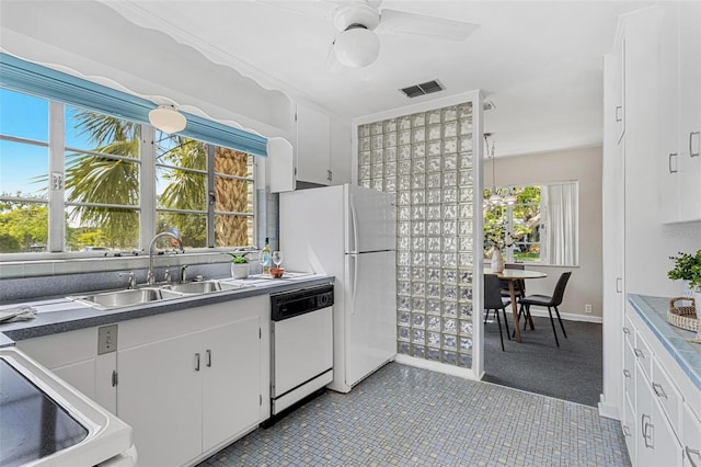 kitchen featuring white appliances, a sink, white cabinetry, visible vents, and a ceiling fan