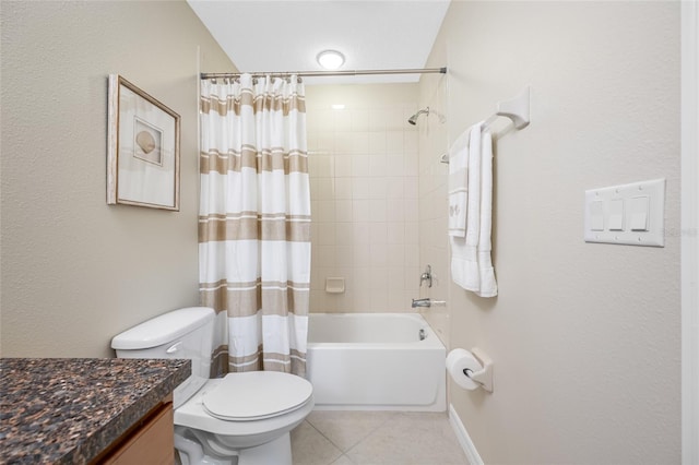 2527 Silverback Ct, Palm Harbor, FL 34684 - bathroom with vanity, toilet, baseboards, tile patterned flooring, and shower / bath combination with curtain