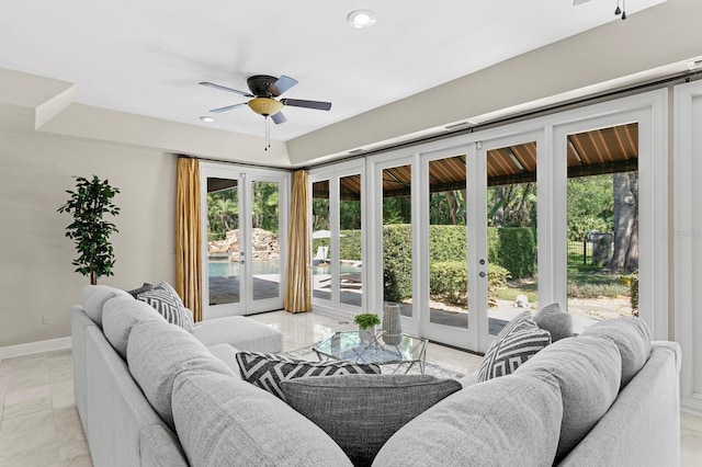 living area with recessed lighting, french doors, and ceiling fan
