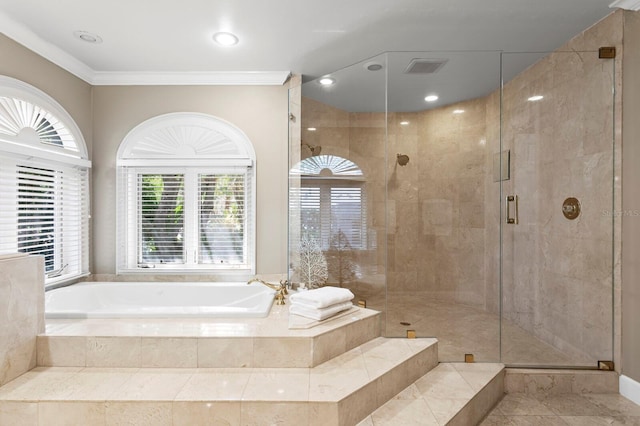 bathroom with crown molding, a shower stall, a bath, and recessed lighting