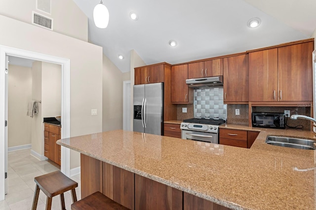 kitchen featuring a sink, visible vents, under cabinet range hood, appliances with stainless steel finishes, and light stone counters