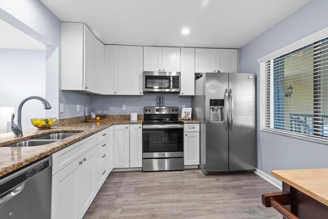 3600 Magnolia Ridge Cir Unit 1221-G, Palm Harbor, FL 34684 - kitchen featuring light stone countertops, stainless steel appliances, white cabinets, and a sink