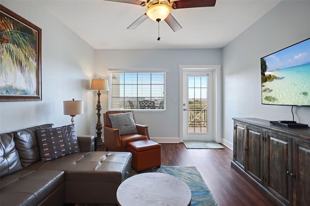 399 2nd St Unit 313, Indian Rocks Beach, FL 33785 - living area featuring baseboards, ceiling fan, and dark wood-style floors