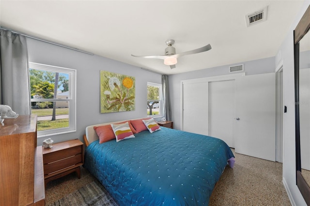carpeted bedroom featuring visible vents, a ceiling fan, and a closet