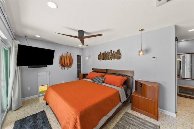 bedroom featuring ceiling fan, speckled floor, recessed lighting, and baseboards
