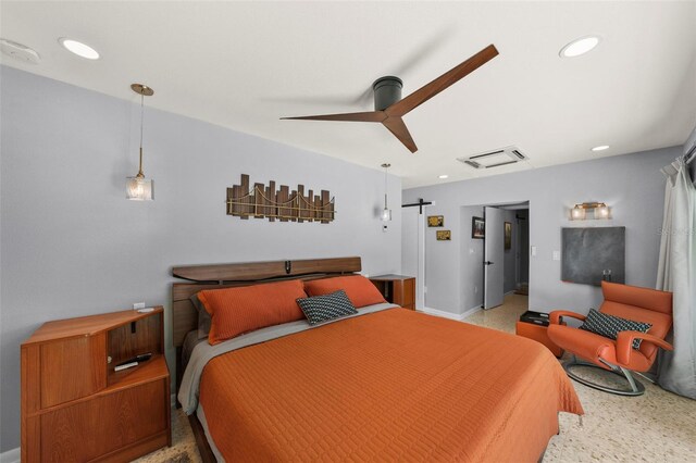 bedroom with recessed lighting, ceiling fan, and baseboards
