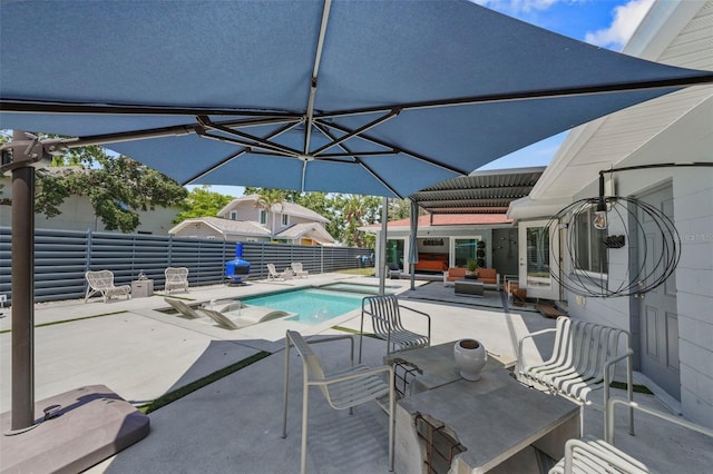 view of swimming pool featuring a fenced in pool, a fenced backyard, and a patio area