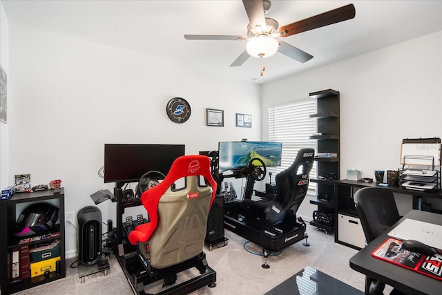 office area with carpet and ceiling fan