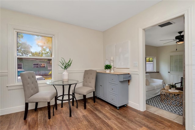 1419 55th St S, Gulfport, FL 33707 - dining area featuring dark wood finished floors, ceiling fan, and baseboards