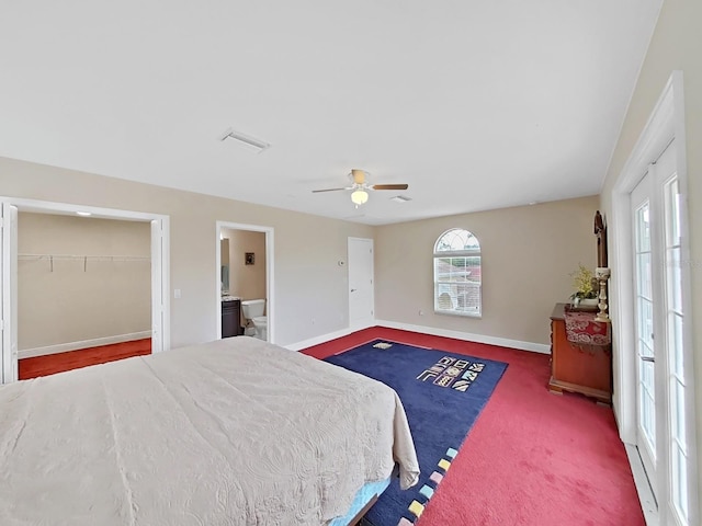 1312 Fishing Lake Dr, Odessa, FL 33556 - bedroom with dark carpet, ceiling fan, baseboards, and visible vents