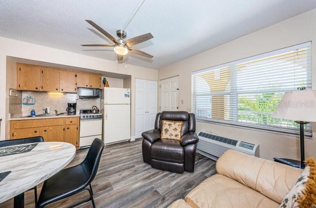 living area featuring ceiling fan, dark wood finished floors, and a wall mounted air conditioner