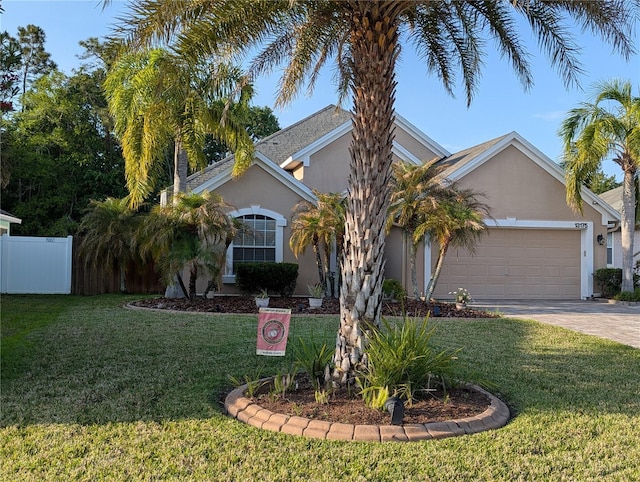 view of front facade featuring stucco siding, fence, a garage, a front lawn, and concrete driveway