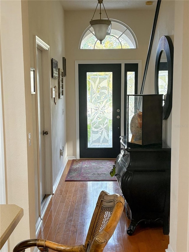 entryway with baseboards and wood finished floors