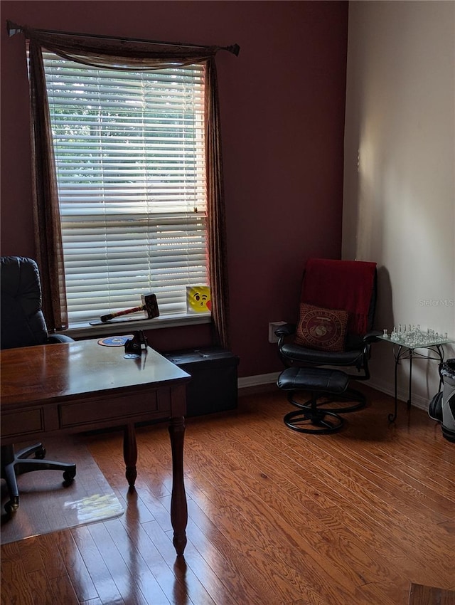 home office featuring wood finished floors and baseboards
