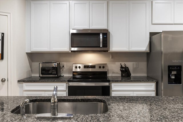 6225 Scarlet Darter Way, Tampa, FL 33625 - kitchen featuring stainless steel appliances, a sink, white cabinetry, and dark stone counters
