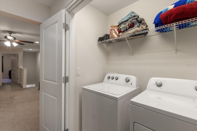 6225 Scarlet Darter Way, Tampa, FL 33625 - laundry room with washer and clothes dryer, light carpet, and ceiling fan
