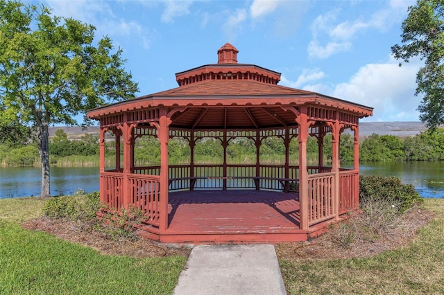 view of property's community featuring a gazebo and a water view