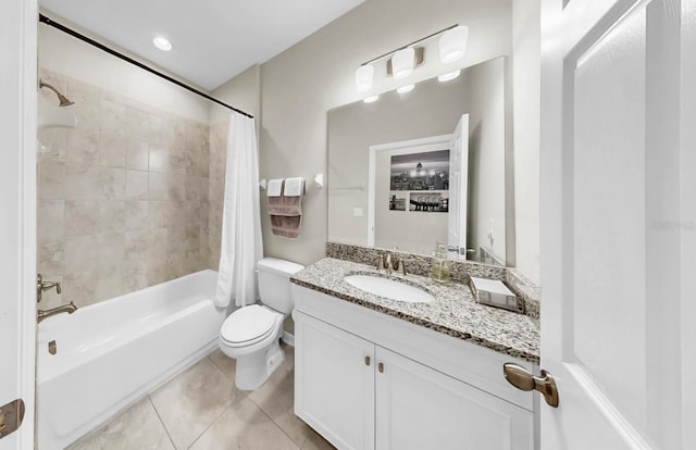 5059 Bromeliad Ave, Wimauma, FL 33598 - bathroom with shower / bath combination with curtain, toilet, vanity, and tile patterned flooring