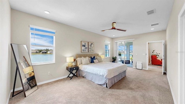 5059 Bromeliad Ave, Wimauma, FL 33598 - bedroom with carpet flooring, access to exterior, baseboards, a ceiling fan, and recessed lighting