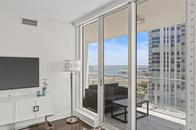 175 1st St S Unit 2603, Saint Petersburg, FL 33701 - doorway featuring a water view, visible vents, baseboards, floor to ceiling windows, and dark wood finished floors