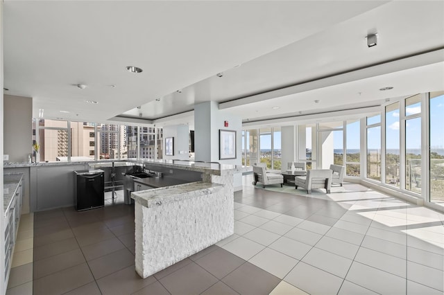 175 1st St S Unit 2603, Saint Petersburg, FL 33701 - kitchen with a peninsula, light stone counters, tile patterned flooring, a wall of windows, and open floor plan