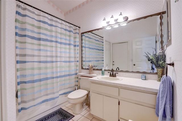 6410 Beaver Way, Tampa, FL 33625 - full bathroom with shower / bathtub combination with curtain, tile patterned flooring, vanity, toilet, and wallpapered walls