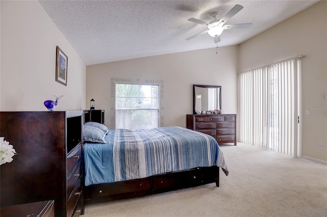 6410 Beaver Way, Tampa, FL 33625 - carpeted bedroom featuring a ceiling fan, a textured ceiling, and lofted ceiling