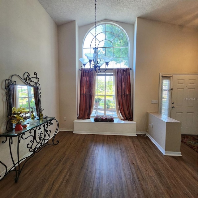 6410 Beaver Way, Tampa, FL 33625 - entryway featuring baseboards, dark wood-style flooring, a textured ceiling, and a chandelier