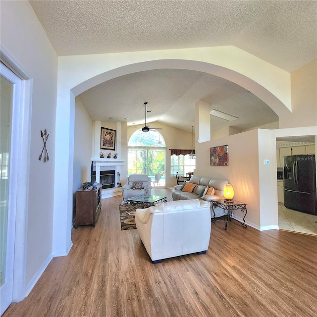 6410 Beaver Way, Tampa, FL 33625 - living room with light wood-type flooring, arched walkways, baseboards, and vaulted ceiling