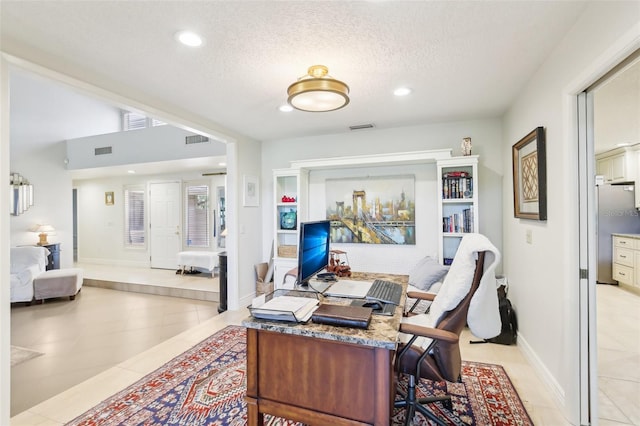 home office featuring light tile patterned floors, visible vents, and recessed lighting
