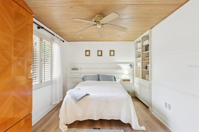 bedroom with light wood finished floors, wooden ceiling, baseboards, and a ceiling fan