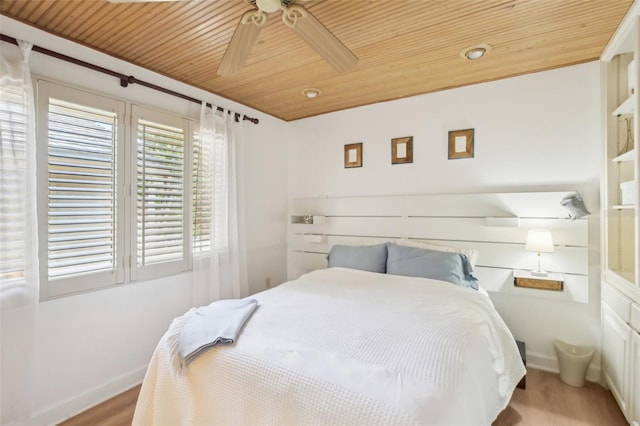 bedroom with ceiling fan, wood ceiling, and wood finished floors