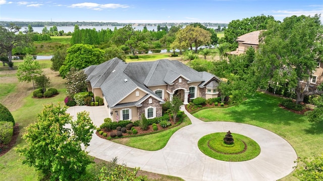 bird's eye view with a water view