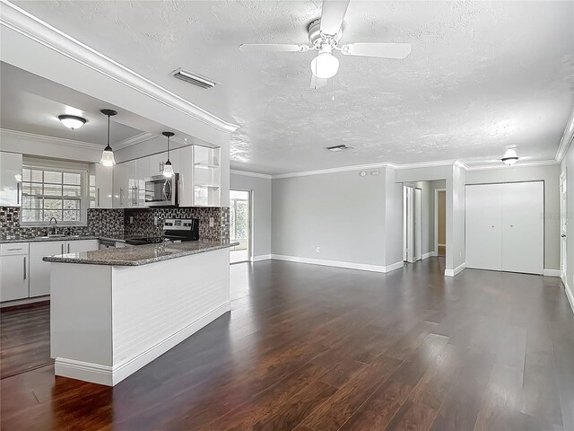 7280 Tarrytown Dr, Spring Hill, FL 34606 - kitchen featuring appliances with stainless steel finishes, open floor plan, ceiling fan, and dark wood finished floors